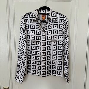 Geometric Black and White Tory Burch Silk Button Up Blouse